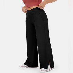 Halara Crossover, Pocket, Split Hem, Wide Leg, Yoga Pants Plus Size - Black 1X